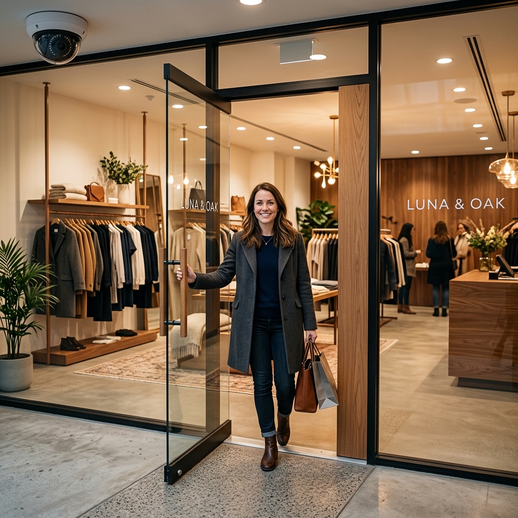 A returning customer entering a modern clothing boutique